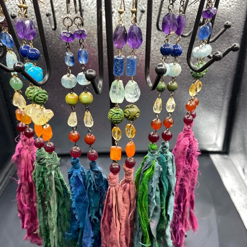 Funky Fun long Chakra semi precious gemstone earrings!!!